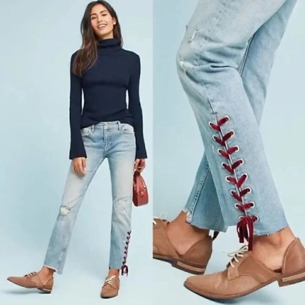 Pilcro Letterpress Slim Straight Size 28 Velvet Tie Raw Hem Ankle Jeans NWT